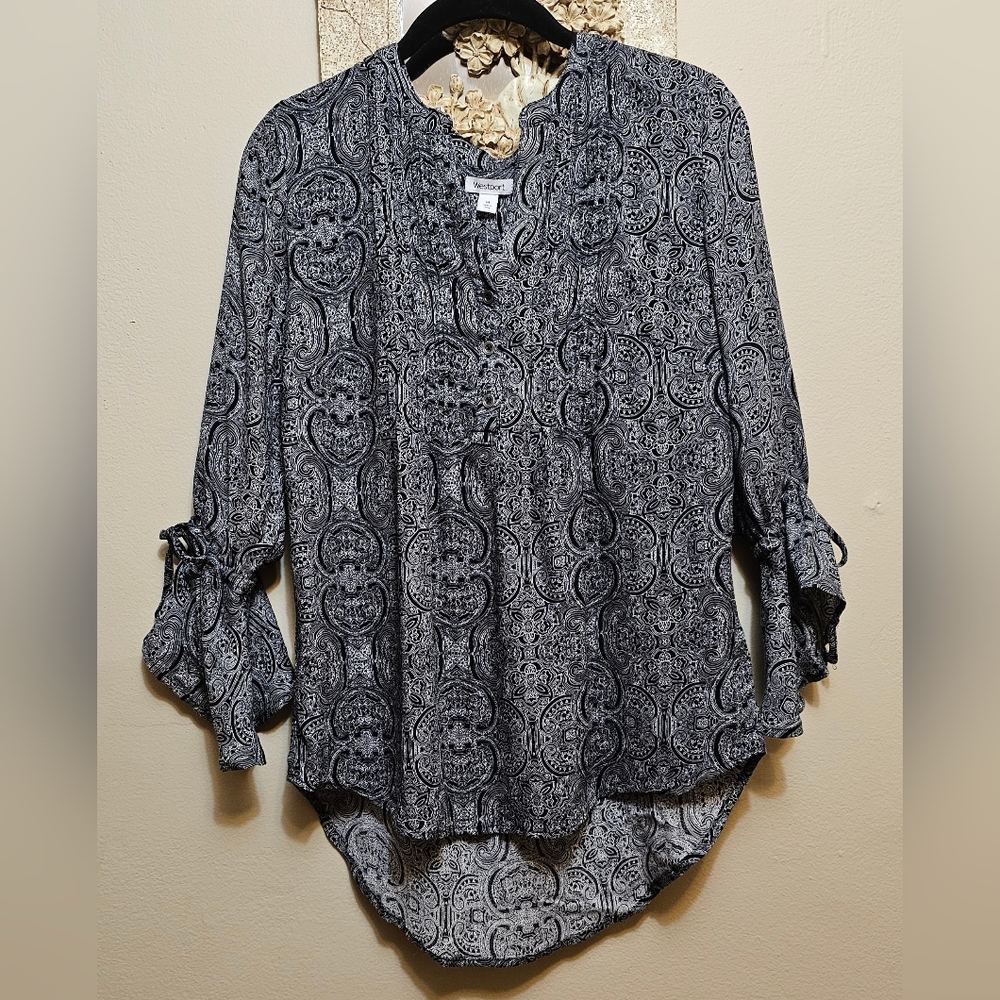 Dress Barn Westport Boho Bell Sleeve Top Tunic Blouse Women's NWT M Black/Cream